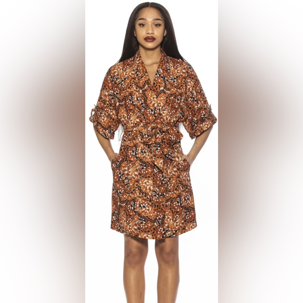 Alexia Admor Brown Abstract June Midi Sleeve Wrap Dress size 8 NWT